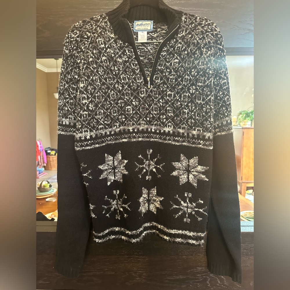 Pendleton Originals Women Black Snow Flakes 1/4 Zip Pullover Knitted Sweater XL